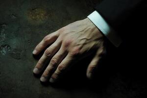 Elegant male hand resting on a textured surface, showcasing details in a dramatic light photo