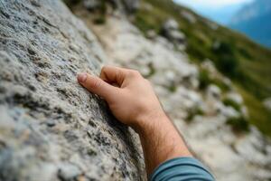 A climber's hand gripping a rocky surface on a mountain trail, with scenic nature backdrop photo