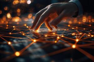 A close-up of a human hand interacting with a glowing network interface, showcasing technology photo