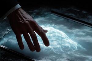 A business professional interacting with a holographic display, showcasing advanced technology photo