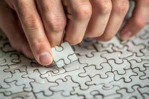 Close-up of hands placing a puzzle piece onto a large puzzle on a wooden table photo