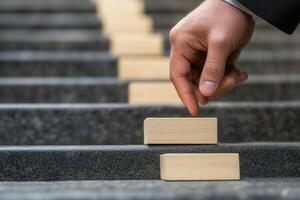 A business professional placing wooden blocks on a staircase, symbolizing progress and growth photo