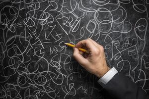 A businessman writing complex equations on a chalkboard in a modern office setting photo