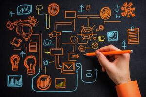 Creative brainstorming session with colorful diagrams and sketches on a chalkboard photo