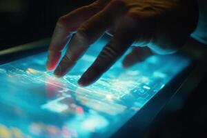A close-up of a hand interacting with a futuristic digital touchscreen in a dark environment photo
