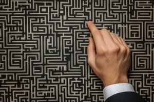 A businessman navigating a complex maze pattern with his finger, symbolizing problem-solving photo
