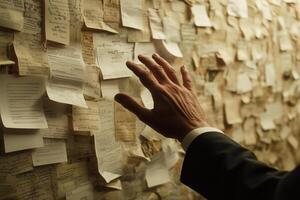 A business professional reaching out to a wall covered in notes, symbolizing ideas and planning photo