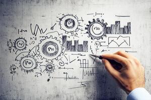 Creative hand sketching gears and charts on concrete wall, illustrating engineering concepts photo