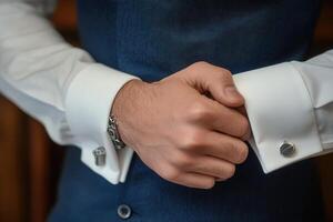 Elegant man adjusting cufflinks on his formal shirt in a sophisticated indoor setting photo