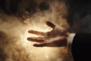 A hand reaching out towards a burst of golden sparks in a dark, mystical atmosphere photo