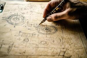 Detailed hand sketching technical blueprints on aged paper with tools in the background photo