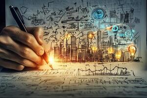 Creative hand sketching urban cityscape with glowing ideas and digital elements in background photo
