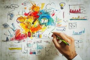 Creative brainstorming session with colorful sketches on a textured wall, showcasing ideas photo