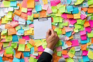 A hand reaching for a blank clipboard amidst a colorful collage of sticky notes on a wall photo