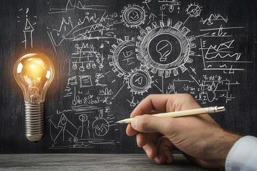 creativo lluvia de ideas sesión con ligero bulbo y bocetos en pizarra antecedentes foto