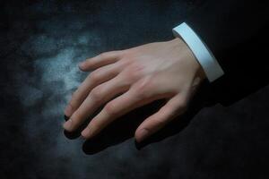 Elegant hand resting on a dark surface, showcasing fine details and soft lighting photo