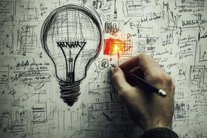 Creative brainstorming session with hand sketching ideas on a lightbulb concept backdrop photo