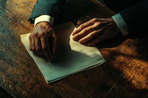 A businessman reviewing a document on a rustic wooden table with soft lighting photo