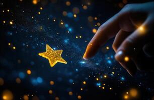A hand reaching out to touch a glowing golden star in a cosmic, starry background photo