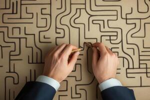 A businessman solving a maze puzzle on a desk, showcasing problem-solving skills in a modern office photo