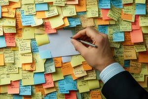 A business professional writing on a blank sticky note among a colorful wall of notes filled with ideas photo