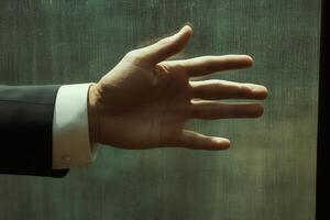 A businessman reaching out with a hand against a textured glass window in a modern office photo