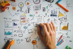 Creative brainstorming session with colorful sketches and notes on a workspace table photo