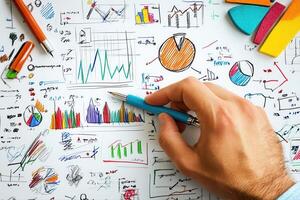 Detailed analysis of colorful charts and graphs with a hand holding a pen on a desk photo