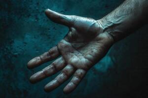 Close-up of a weathered hand reaching out against a textured blue background, symbolizing hope photo
