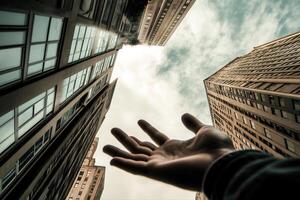 A hand reaching out towards the sky amidst towering skyscrapers, capturing urban life photo