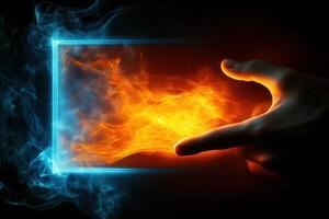 A hand reaching through a glowing frame, manipulating vibrant flames and smoke effects photo