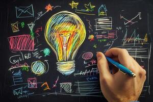 Creative brainstorming session illustrated with colorful chalk drawings on a blackboard photo