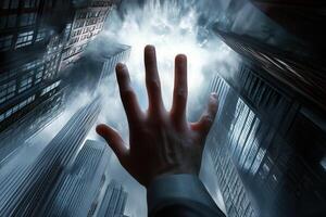 A human hand reaching towards a bright sky amidst towering skyscrapers in an urban setting photo