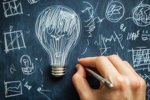 Creative hand drawing a light bulb surrounded by business sketches on a chalkboard photo