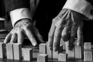 Close-up of hands arranging wooden blocks on a table, showcasing focus and precision photo