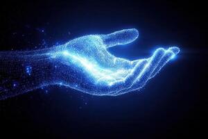 Digital representation of a glowing hand reaching out, symbolizing technology and connection photo