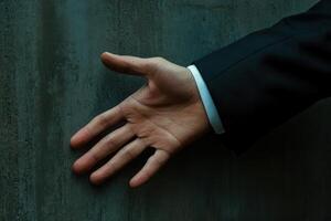 Elegant hand gesture in a formal suit against a textured wall, conveying invitation photo