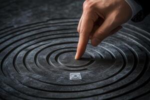 A close-up of a hand navigating a textured labyrinth on a dark surface, symbolizing problem-solving photo