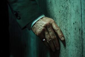 A close-up of a man's hand resting against a textured wall, showcasing intricate details photo