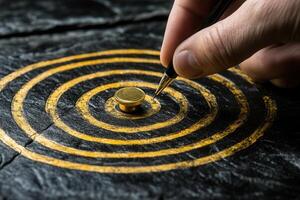 A hand placing a pen near a golden target on a textured black surface with concentric circles photo