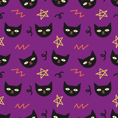 Black cat face cartoon seamless pattern purple background for wallpaper and wrapping. Halloween concept