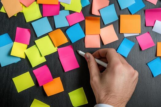 Colorful sticky notes scattered on a dark surface with a hand writing on one note photo