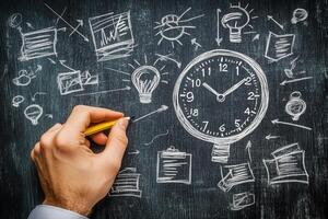 Creative hand drawing business concepts and clock on a chalkboard background photo