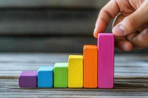 Colorful wooden blocks arranged in ascending order, symbolizing growth on a rustic table photo