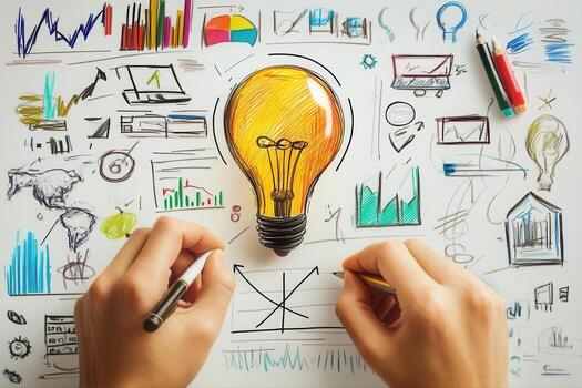 Creative brainstorming session with hands sketching graphs and light bulb on a colorful desk photo