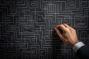 A hand drawing a complex maze on a chalkboard, symbolizing problem-solving and creativity photo
