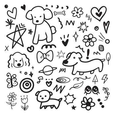 Doodle abstract hand drawn cartoon with black outline. element of dog, puppy, flower and nature for illustration