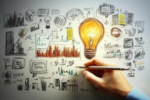 Creative brainstorming session with hand sketching ideas and light bulb concept on paper photo