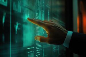 A business professional interacting with a digital interface displaying data analytics photo