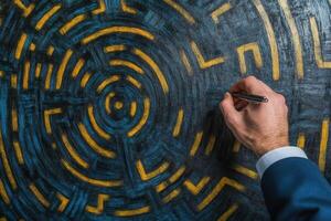 A businessman sketches a complex maze design on a dark surface with yellow lines photo